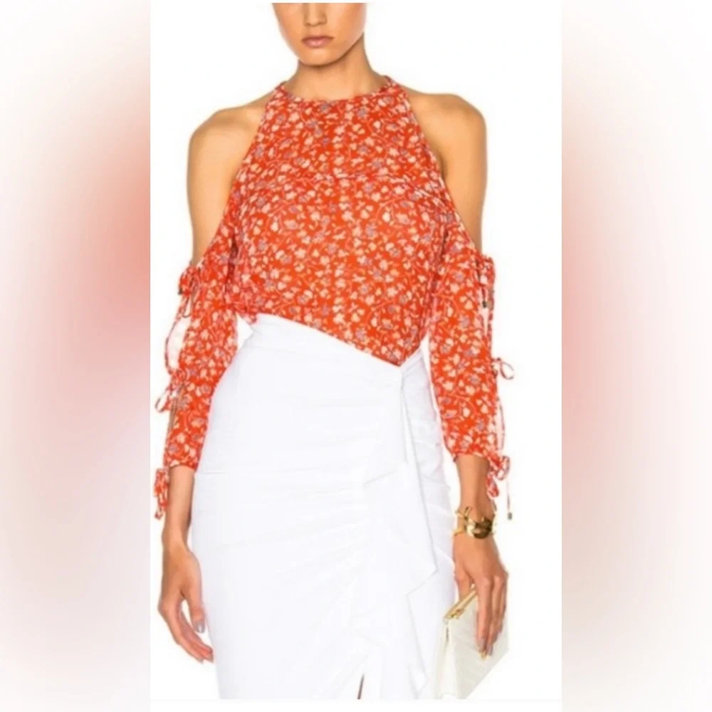 Veronica Beard Flynn Bow Cold Shoulder Blouse - Size 10 - Multi 100% SILK - Picture 2 of 5